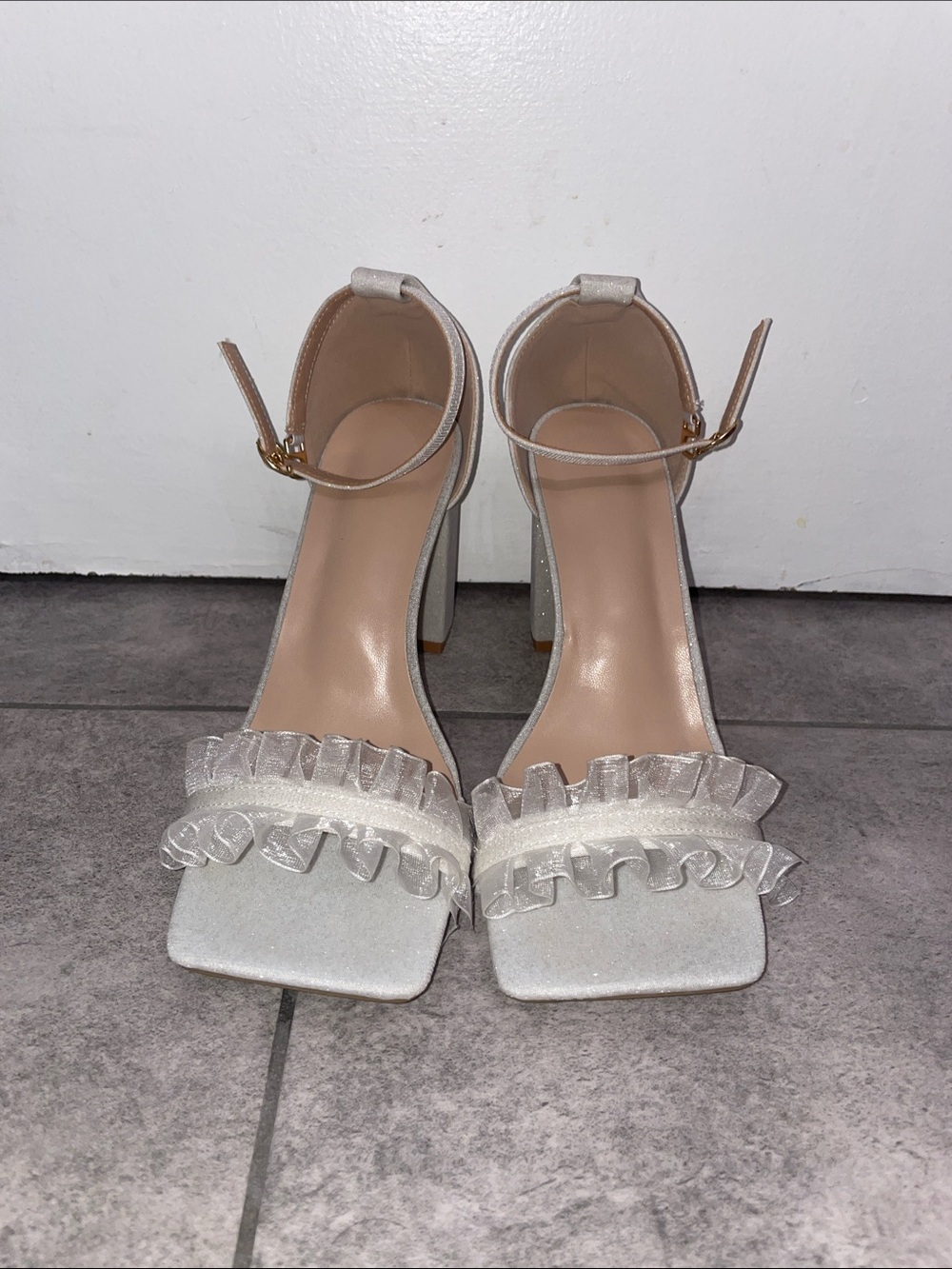 Women’s Ruffle Ankle-Strap Heels in Silver